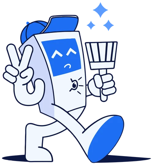 TidySite mascot, a cheerful phone character holding a brush, making a peace sign